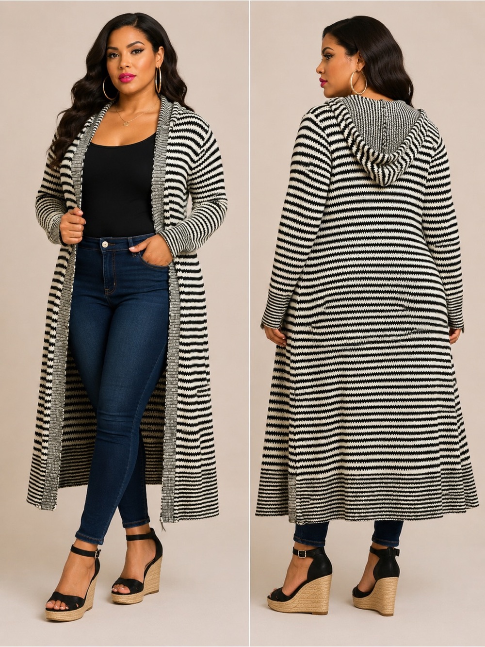 Say What? Black & White Striped Hooded Duster Cardigan